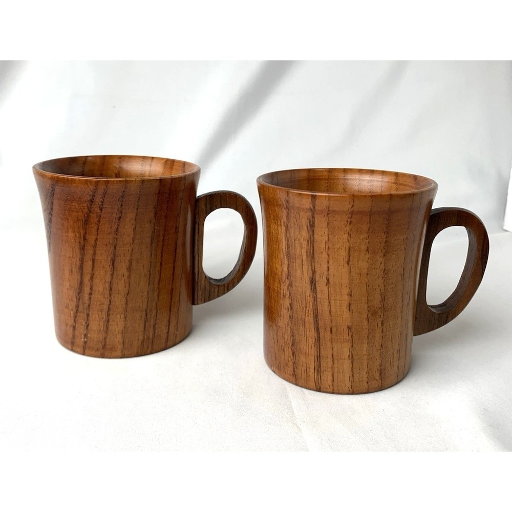 Wood Mug Cup Handmade Set of 2 Solid Lightweight Coffee Tea Natural 8 ounce